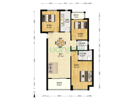 保利新武昌K4地块 3室1厅2卫 107平方