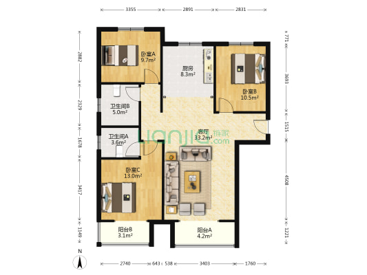 房子户型是南北通透，毛坯，视野好  彩光好-户型图