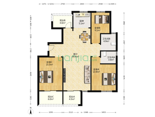 汇景苑 3室1厅2卫 129平方