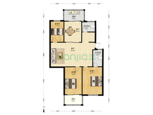 红杏商住楼 3室2厅2卫 116平方