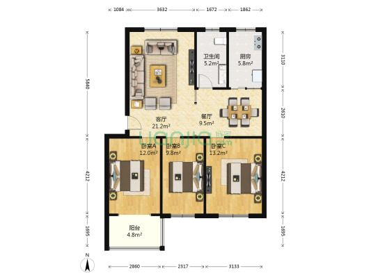 雁阳美地 3室2厅1卫 108平方