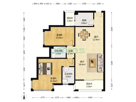 龙富花园 2室2厅2卫 93平方