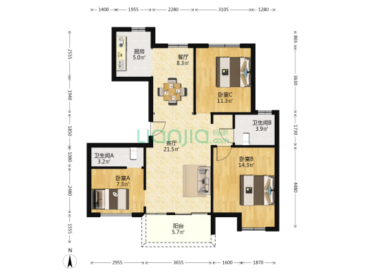 鸿祥盛府 3室2厅2卫 102平方