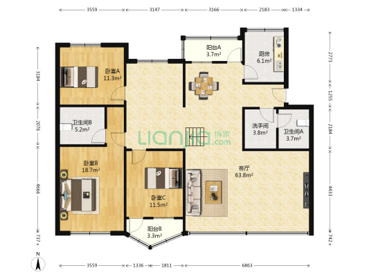 豪森苑一期 3室1厅3卫 154平方
