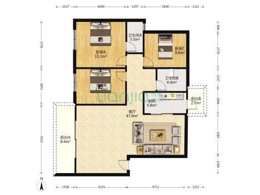 富豪花园 3室1厅2卫 129平方