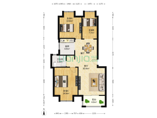 绿都阳光上东 3室1厅1卫 90平方