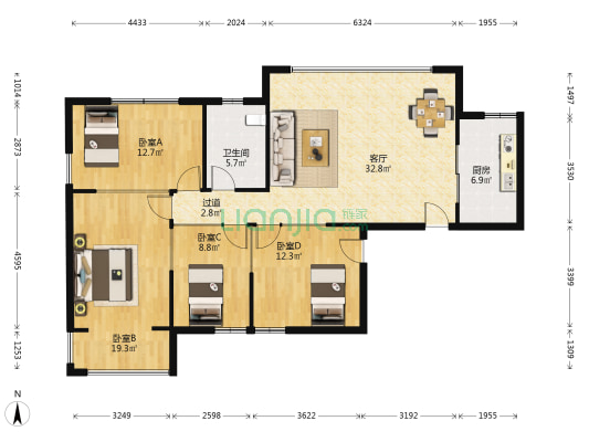 华瑞中心公寓 4室1厅1卫 140平方