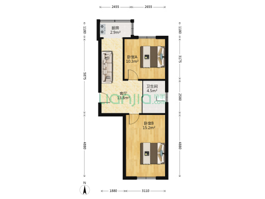 赞兴家园 2室1厅1卫 65平方