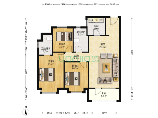 金茂悦西五区 3室1厅2卫 118平方