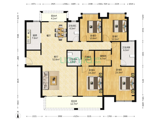 融创熙园三期 4室1厅3卫 195平方