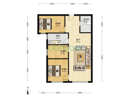 鸿坤理想湾北区 3室1厅 南-户型图