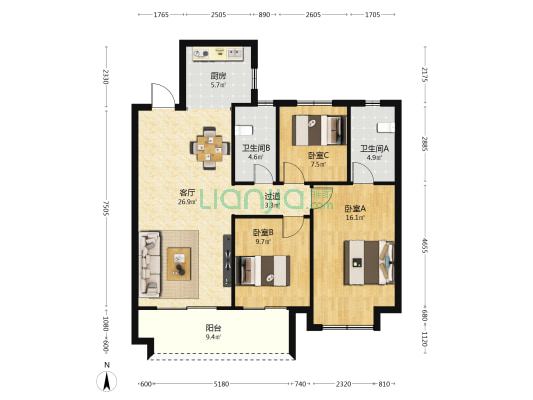 保利通银·时光印象 3室1厅2卫 114平方