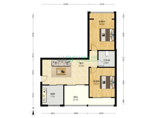 东来苑 2室1厅1卫 90平方