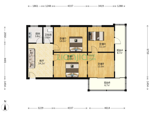 五十中宿舍 4室1厅1卫 93平方