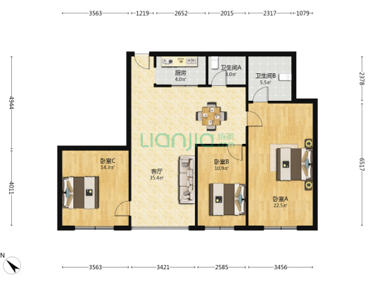 瑞丰公寓 3室1厅2卫 131平方