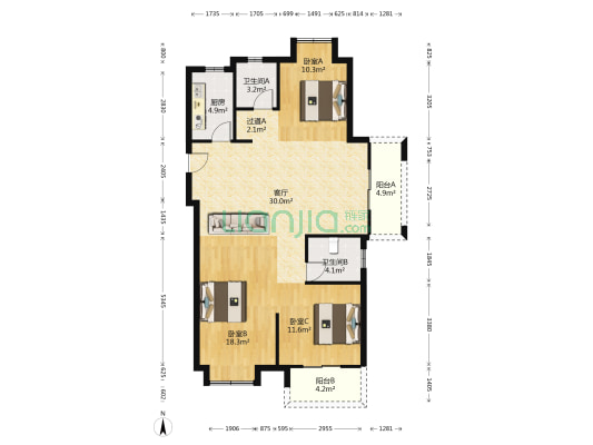 世茂云锦玉海园 3室1厅2卫 123平方