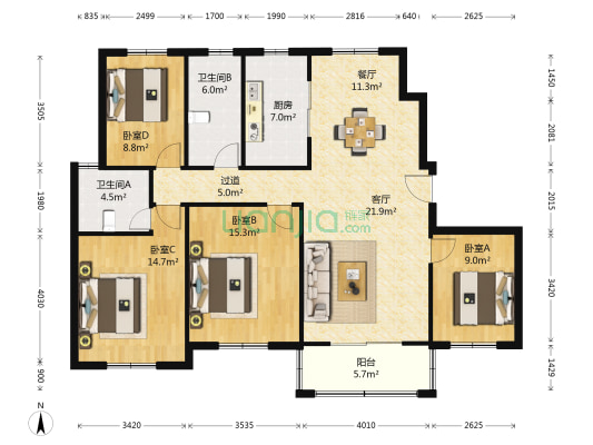 祝安苑 4室2厅2卫 138平方