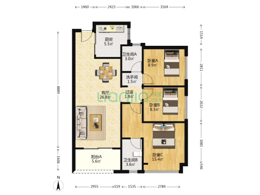 怡心湖岸一期 3室1厅3卫 105平方