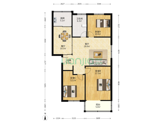 福华苑小区 3室2厅1卫 117平方