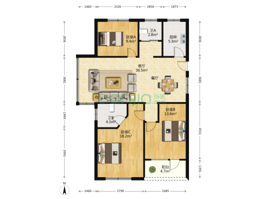 东菱阳光乐园 3室1厅2卫 122平方