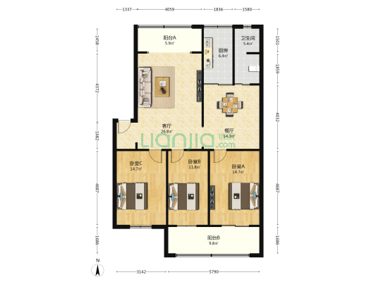 陕西省有色金属工业管理局家属院 3室2厅1卫 123平方