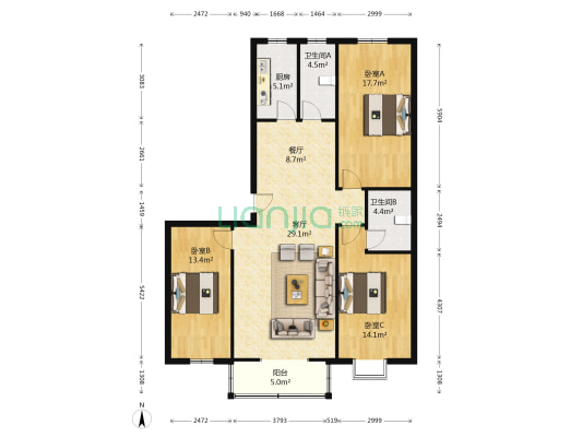 天龙小区 3室2厅2卫 139平方