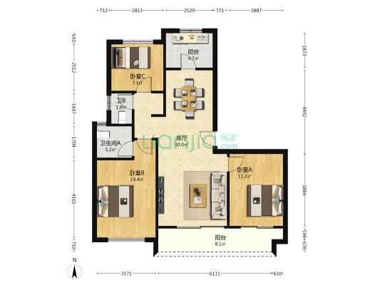 绿城蘭园 3室1厅2卫 108平方