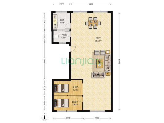 园梦家园 2室1厅1卫 117平方