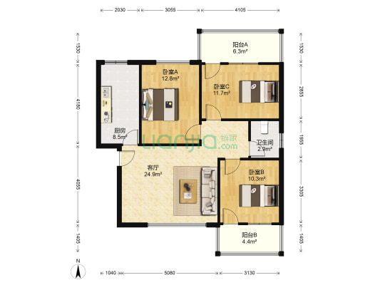 中山北路93号 3室1厅1卫 101平方