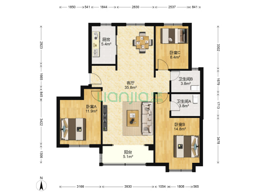 朗诗中福翡翠澜湾朗润园 3室1厅2卫 117平方