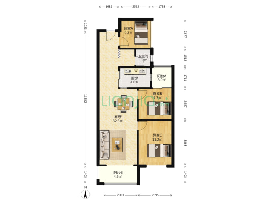 润屋美院 3室1厅1卫 84平方