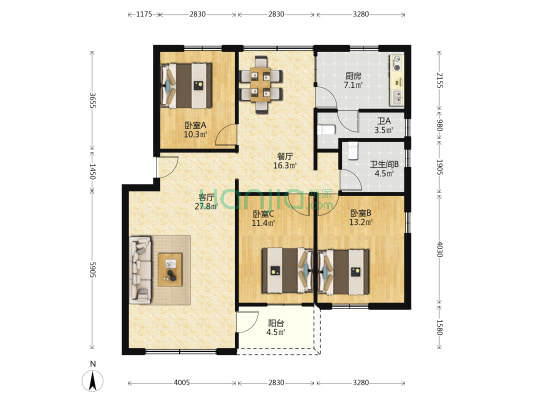 健力宝北路四号 3室2厅2卫 117平方