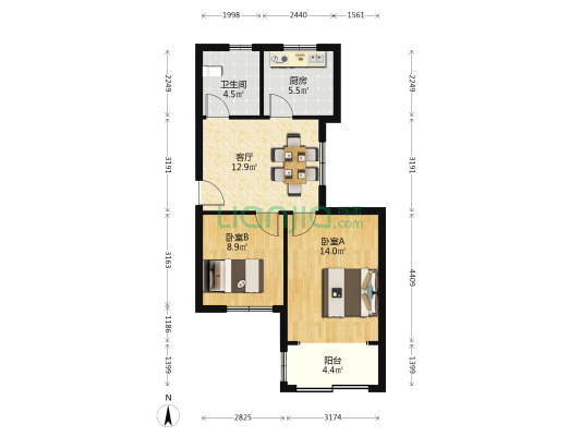 山鑫联城花苑 2室1厅1卫 58平方
