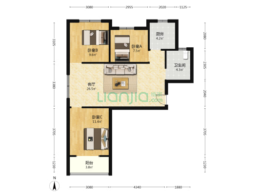 华庭广场 3室1厅1卫 96平方