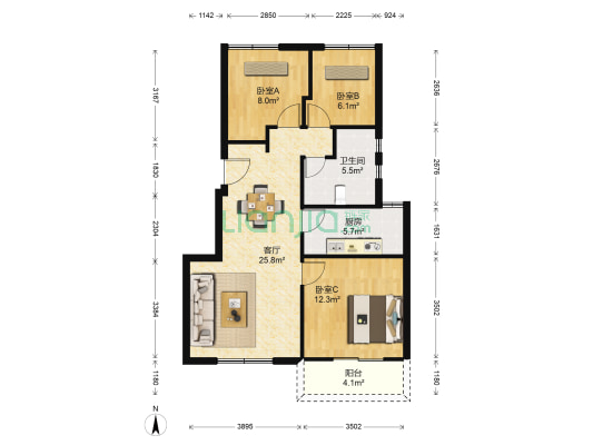 西溪蝶园一期 3室1厅1卫 86平方
