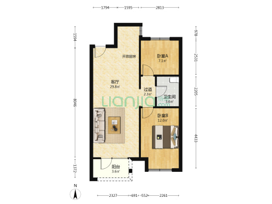永定河孔雀城唐顿公馆 2室1厅1卫 80平方