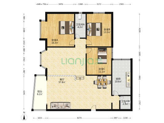 金晨苑 3室1厅2卫 150平方