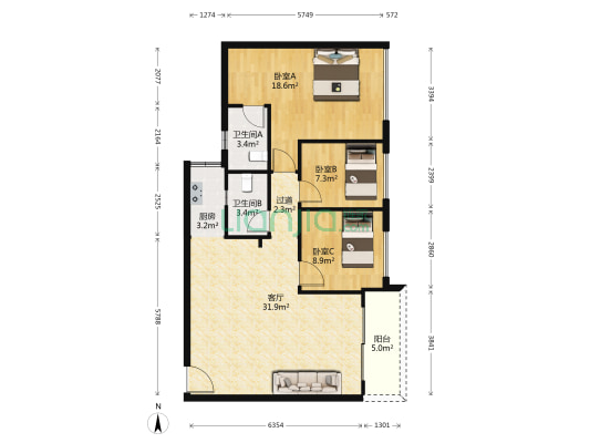 领航公馆 3室1厅2卫 107平方