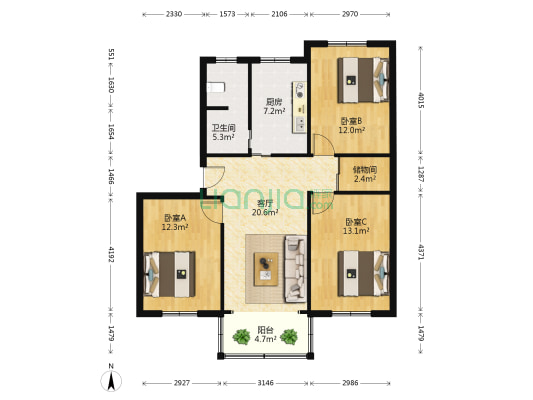 九堡东方公寓 3室1厅1卫 93平方