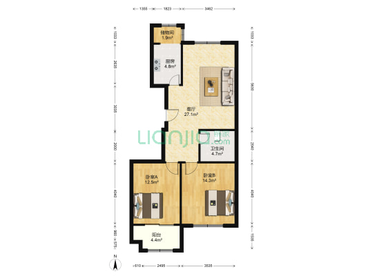 响河子社区虞河花园 2室1厅1卫 98平方