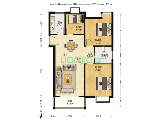 锦绣江南花园 3室1厅1卫 116平方