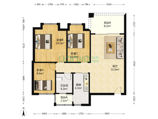 阳光城香缇溪岸 3室1厅1卫 96平方