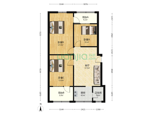 南大街394号 3室1厅1卫 90平方