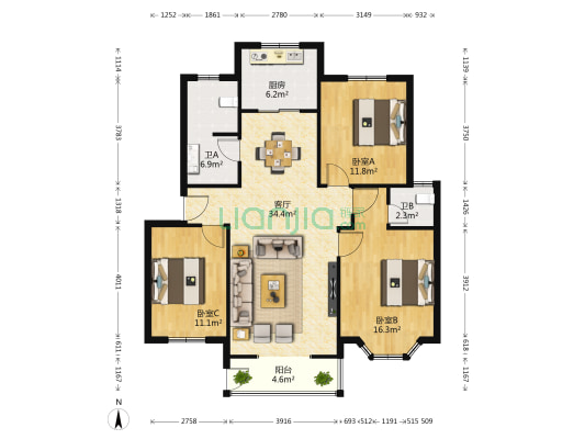金明华府 3室1厅2卫 118平方
