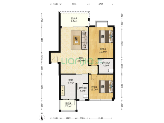锦宏嘉园 2室1厅2卫 80平方