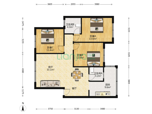 冶金花园 3室1厅2卫 108平方