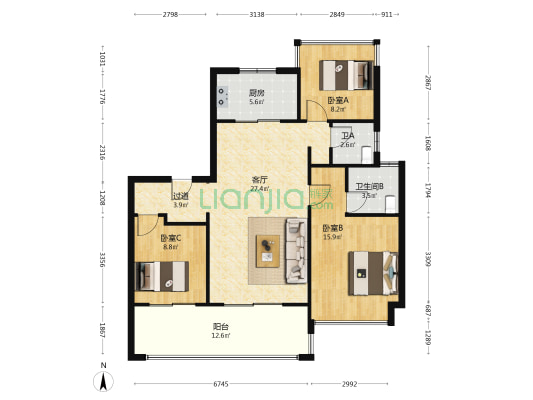 振兴湖境 3室1厅2卫 117平方