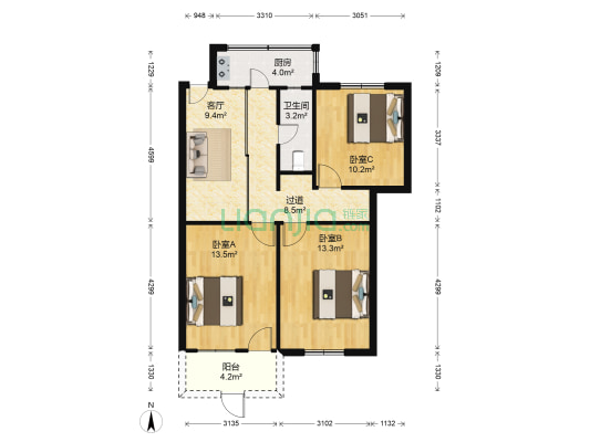 省计算中心宿舍 3室1厅1卫 75平方