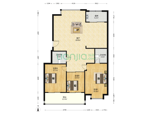 中央花园 3室1厅2卫 159平方