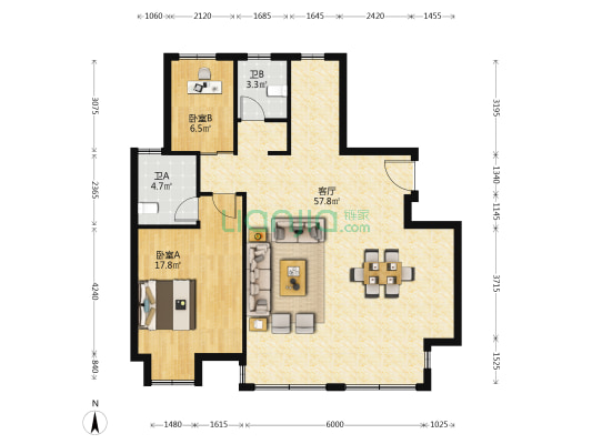 新悦花苑 2室1厅2卫 125平方